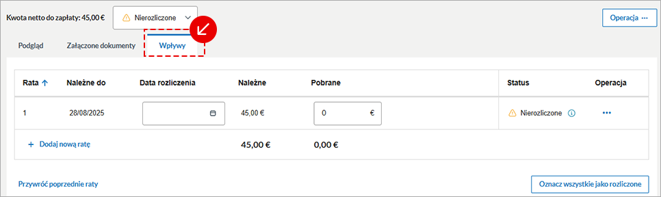 Ekran z tabelą wystawionych faktur